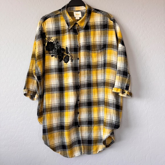 Maeve Tunic Top Plaid Button Down Embroidered Floral‎ Oversized M/L - Picture 1 of 7